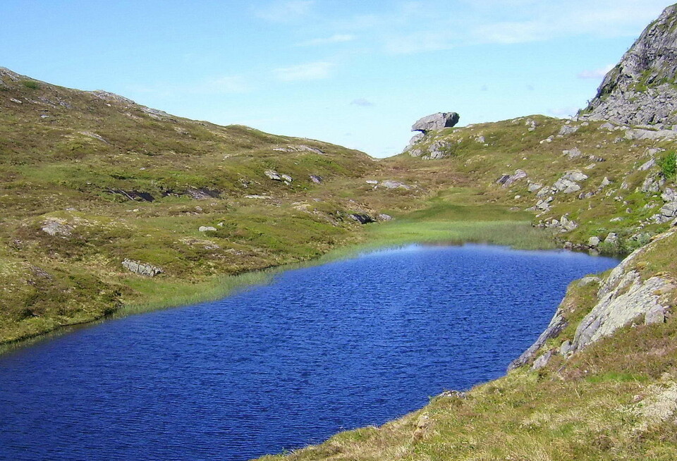 Langs Håkkåsteinsvatnet mot steinen som markerer både fylkesgrensa mot Trøndelag og bytet mellom fleire gardar i Bøfjorden og Halsa.