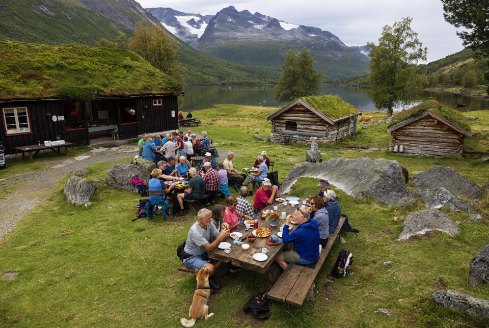 Til bords på Renndølsetra Mennesker sitter rundt tre bord ute på seter
