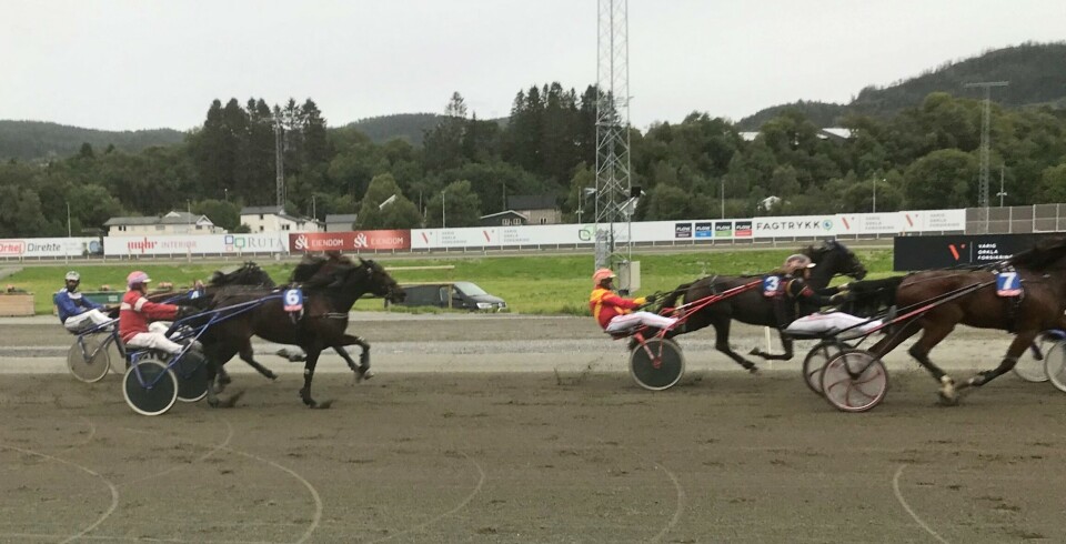 Gee Whiz inn til 3. plass for gul og rød kusk Per Einar Sørmo.. Et travløp