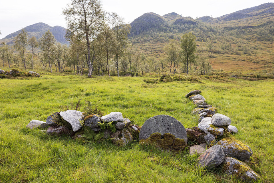 Gammal hustuft med slipestein Murer etter et lite hus på fjellet. En slipestein stikker opp ved muren.