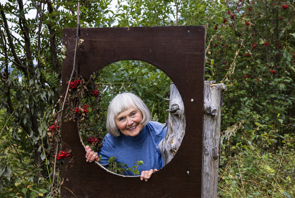 Takk for fin setertur og super guiding av Oddvar og Marit. Ei smilende dame som ser gjennom et hull i ei treplate. Skog i bakgrunnen.