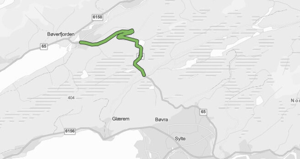 Kartskisse som viser arbeidsområdet på FV 65 fra Bæverfjorden til like forbi Nordmarka skisenter.
