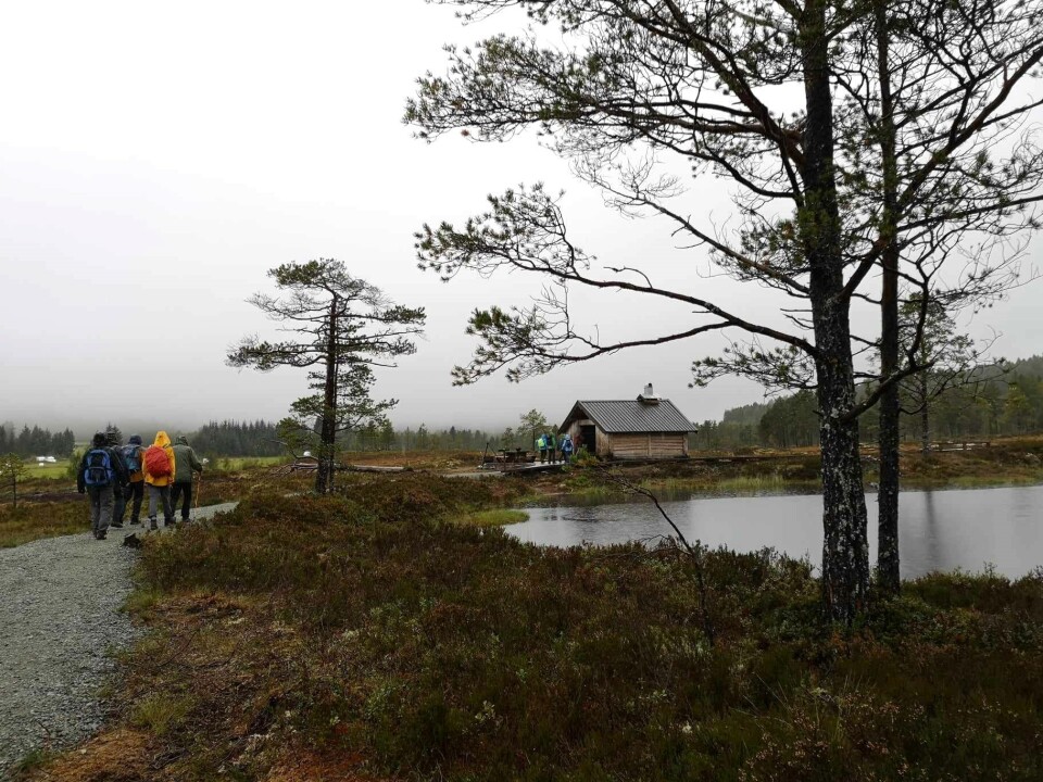 Fjellgruppa på tur på Kavlvegen Turgåere i regntøy som går på en gruslagt sti mot en gapahuk ved et vann.