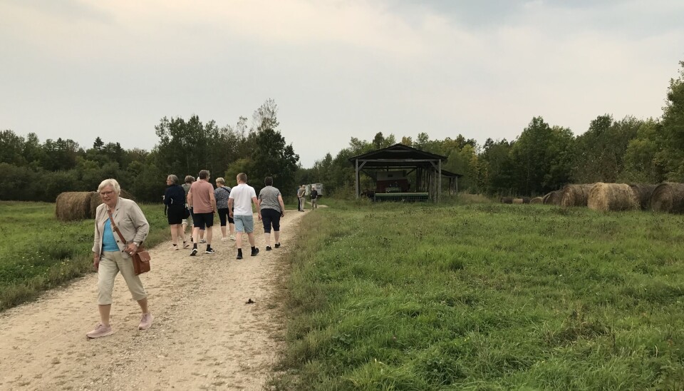 På farmen som Mikkel Haltli, Myran, hadde i Pinewood. Det er ekteparet Haugan som eier farmen nå. Noen personer som går på en grusvei i et landbruksområde.