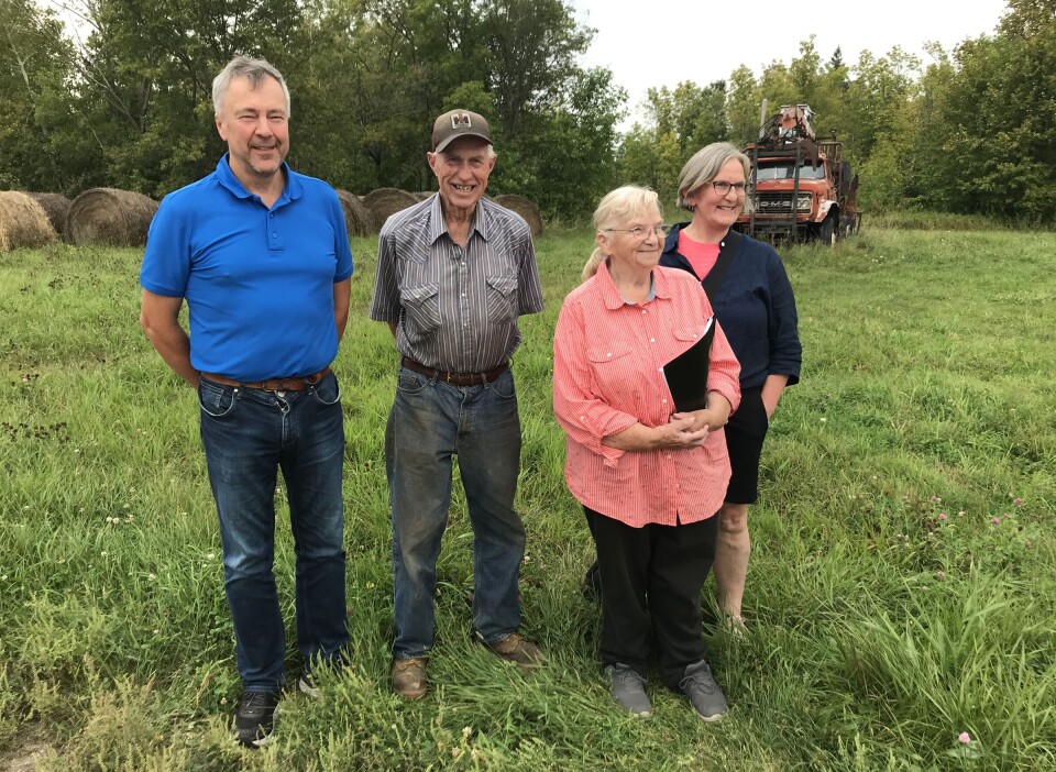 På farmen Mikkel Haltli, Myran, hadde i Pinewood. Ekteparet Haugan kom og møtte dattera i huset der han bodde sine siste år i Rindal. Han fikk se bilder av seg selv sammen med MIkkel, og flere bilder av Mikkel tatt i Rindal før han døde der i 1972. Herr Haugan kjøpte farmen av Mikkel i 1970, og de var gode naboer i tida før Mikkel reiste tilbake til Norge. Fire personer oppstilt for fotografering på et jorde.