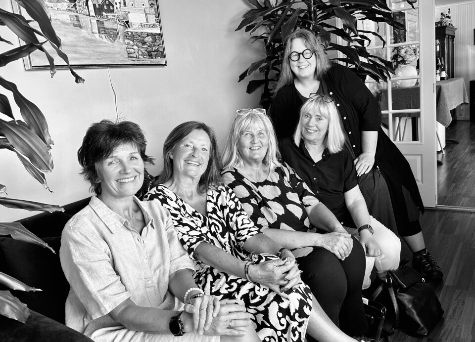 Styret i Surnadal kunstforening, som gleder seg over høst og Lauvfall, fra v.: Mette Sæter Ormset, Marit Elin Eid, Anne Marie Rognskog, Berit Johansen og Sissel Halset Storslett Fem smilende damer i og ved en sofa.