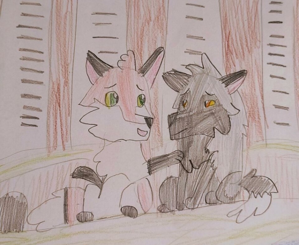 Julia henter inspirasjon fra blant annet Ville Poter til å lage sine egne karakterer. tegning av to dyr