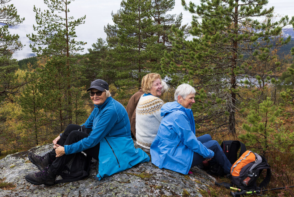 Gøytt med fjelltur. Fire turkledde personer som sitter på en stor stein i marka.