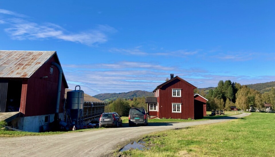 Kamslett gård ligger på en høyde ovenfor Saga i Rindal. Her skimter vi nybygget som oppføres i forbindelse med det gamle fjøset. Fjøs, hus og biler