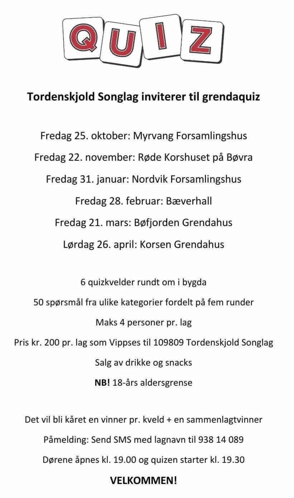 Tordenskjold Songlag inviterer til grendaquiz