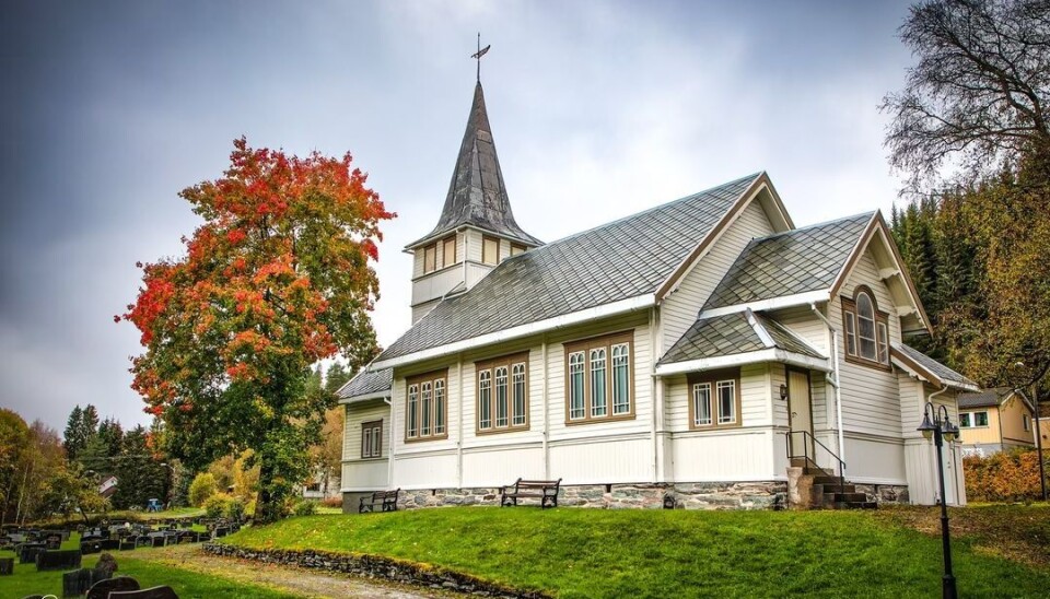 Høst ved Øvre Rindal kapell 🍂🍁🍄 Ei lita trekirke, og trør med løv i høstfarger.