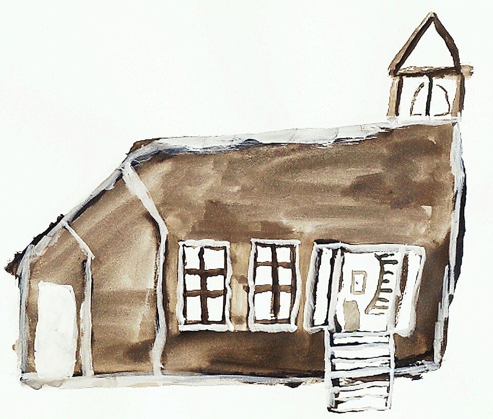 Her har 6-åringen Mari for nokre år sidan teikna kyrkja si. Ei barnetegning av ei kirke.