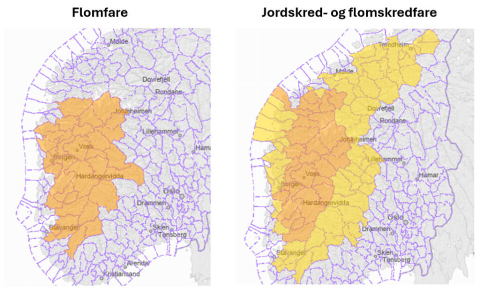 Gult farevarsel om flom og skred Kart med farevarsel.