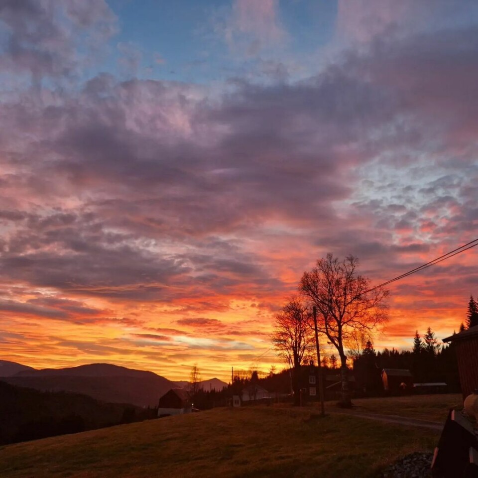 Takker høsthimmelen timefortime som leverer farger, mot de grå dager med skodde og regn. Rød og oransje kveldshimmel