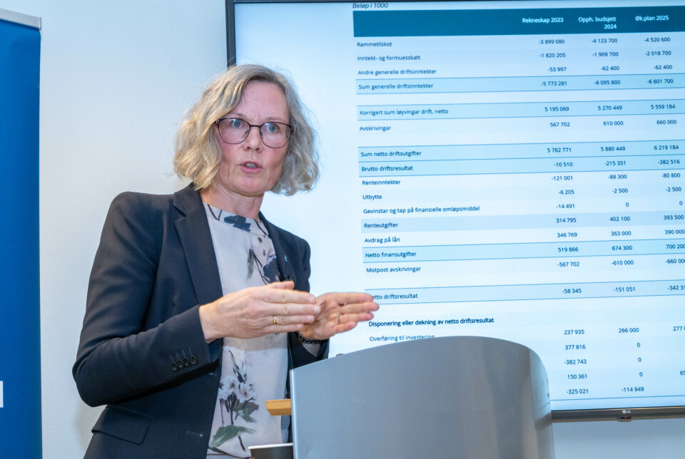 Fylkeskommunedirektør Toril Hovdenak legg fram forslag til økonomiplan. Ei dame foran en storskjerm med et oppsett av tall.