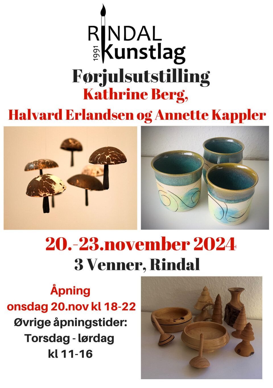 Førjulsutstilling på 3 Venner Plakat for kunstutstilling 3 Venner november 2024