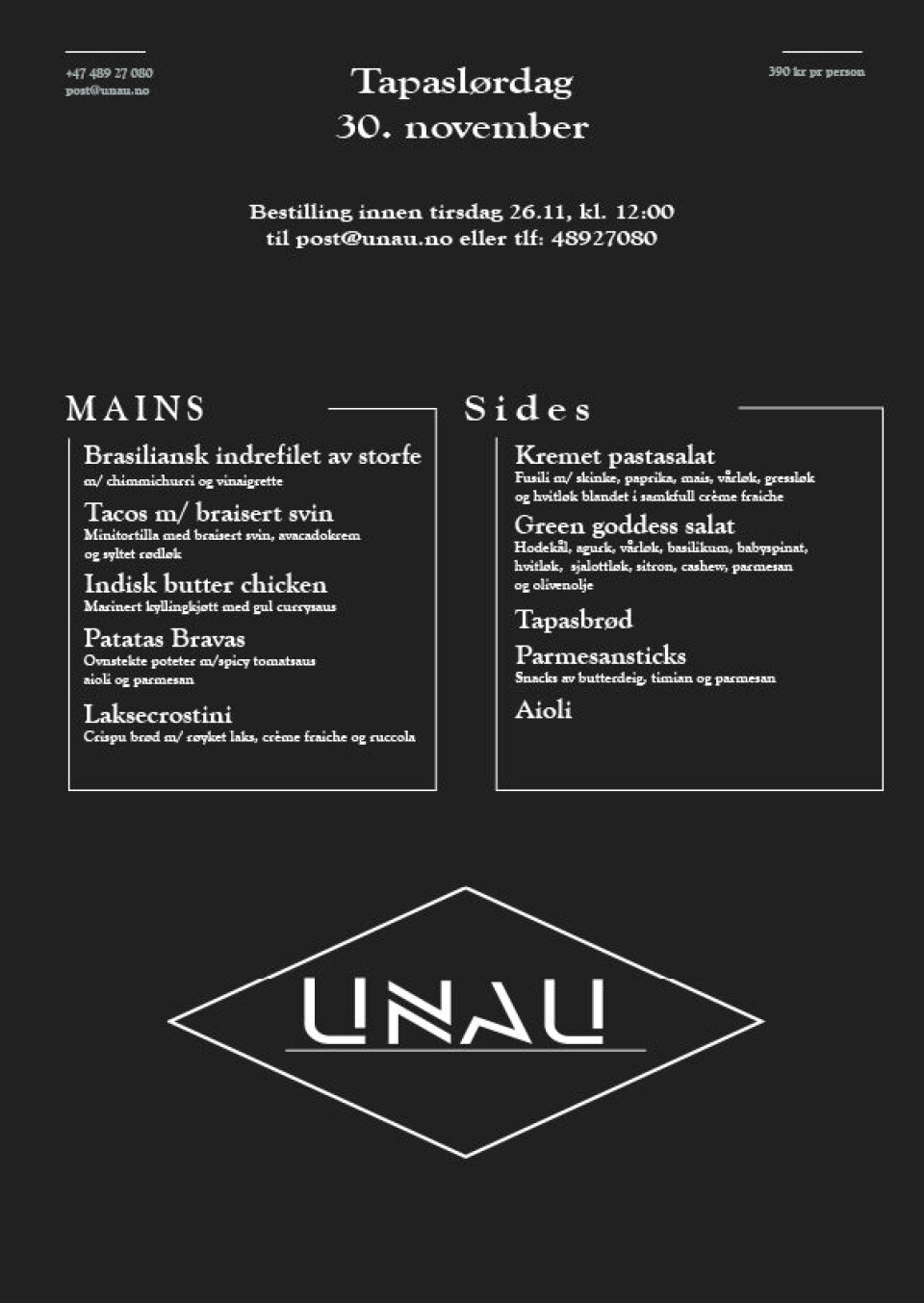 Tapaslørdag Plakat for tapaslørdag hos Unau 30. november