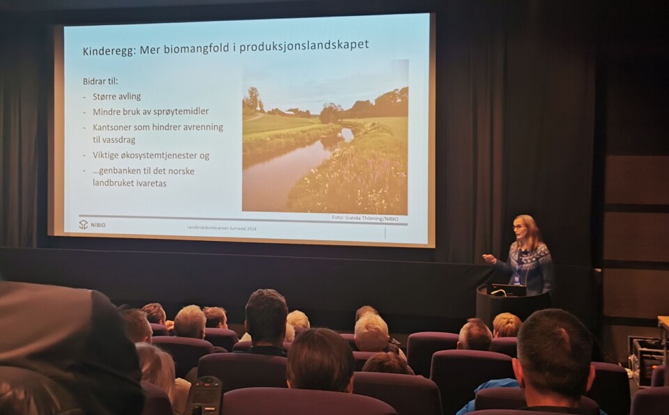 Biolog Ellen J. Svalheim forteller om fordeler ved å ta vare på det biologiske mangfoldet, også i et intensivt jordbruk. dame foran skjerm