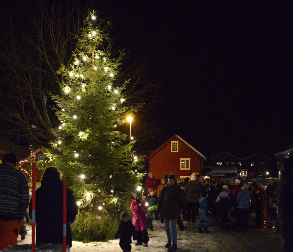 Trivelig julegrantenning på Rindalstorget Mange barn og voksne rundt en stor julegran.