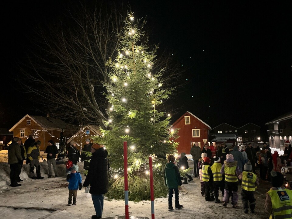 Trivelig julegrantenning på Rindalstorget Utendørs julegran med mye folk rundt.