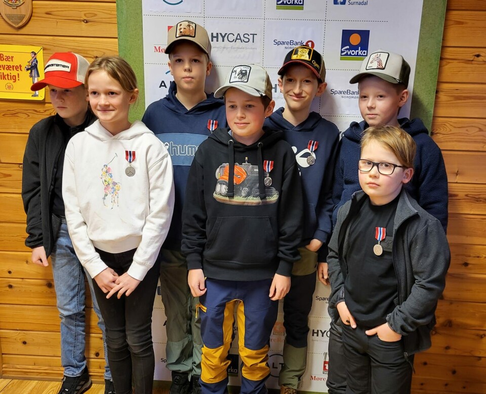 Deltakere i klassen nybegynner ung, Sju barn oppstilt for fotografering.