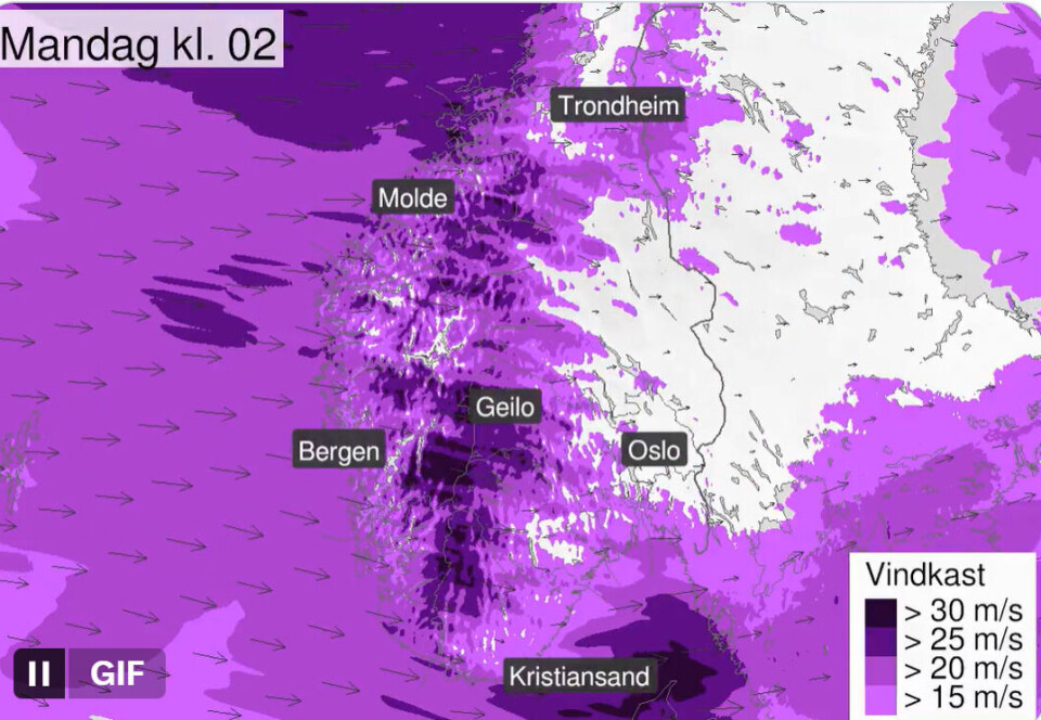 Kraftig vind meldes i slutten av helgen