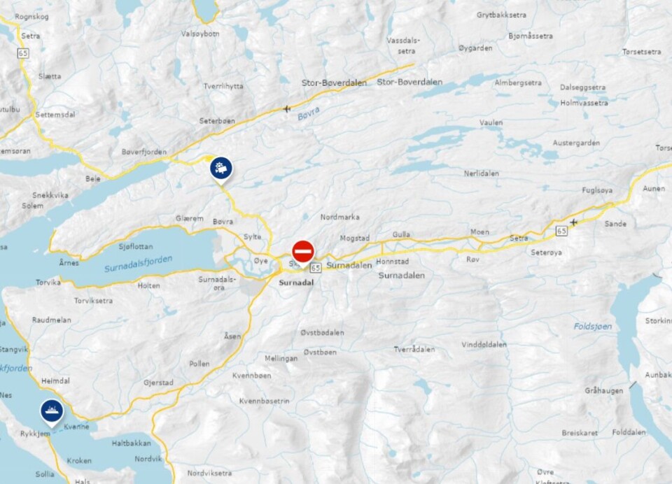 Trafikkuhell på fv65 på Ranes - vegen er åpnet igjen Kart fra Statens vegvesen sine nettsider.