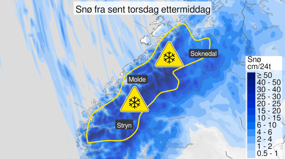 Farsevarsel på gult nivå om kraftig snøvær fra Vestlandet, Møre og Romsdal og deler av Trøndelag. Kart som viser farevarsel over midtnorge.