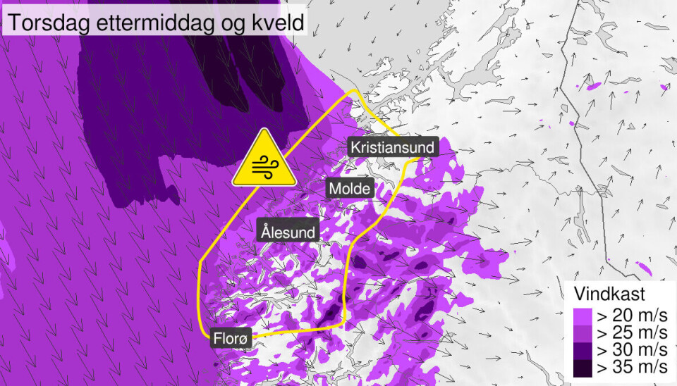 Farevarsel på gult nivå også om vind. Farevarsel om vind, viser område fra Florø i sør til Kristiansund og indre strøk i nord.
