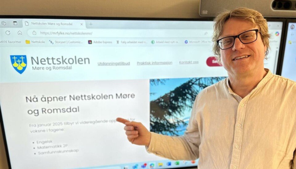 No har Nettskolen i Møre og Romsdal fått si eiga nettside. mann foran skjerm med nettside
