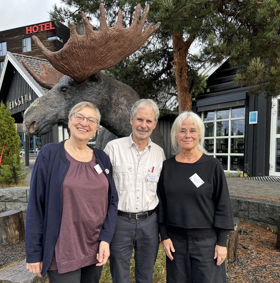 Dei tre fylkesmållagsleiarane: Ingrid Kjønnøy (Nordmøre), Øyvind Fenne (Romsdal), Ingebjørg Røyrhus Øyehaug (Sunnmøre). Tre personer oppstilt for fotografering foran en statue av en elg i full størrelse.