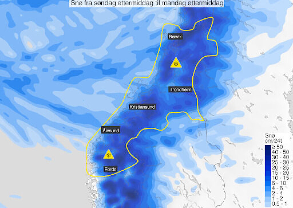 Gult farevarsel for snø for deler av Nordvestlandet og Trøndelag