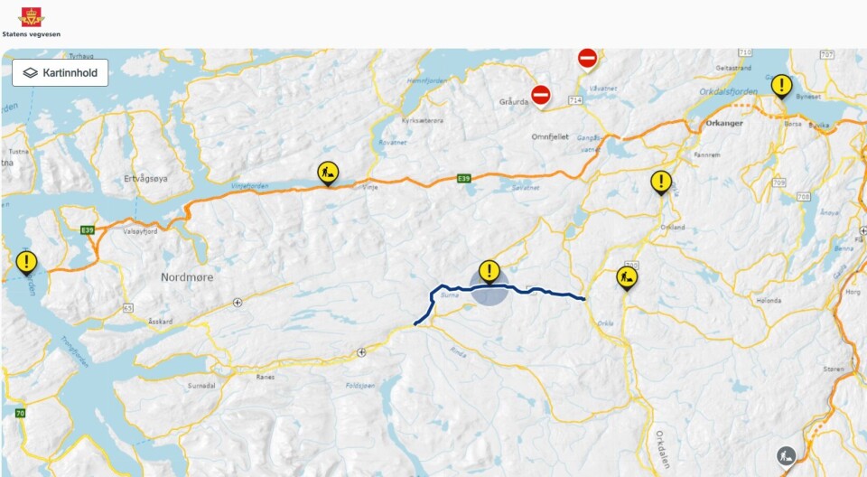 Uværet herjer - Fare for stengte vegstrekninger mellom Rindal og Orkanger natt til fredag Kart fra Statens vegvesen med markering av stengte veier.