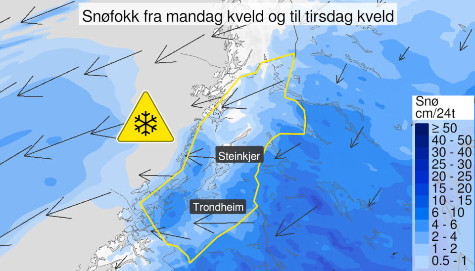 Gult farevarsel for snøfokk fra mandag kveld