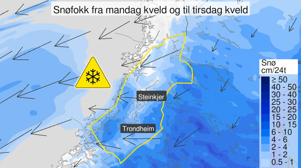 Gult farevarsel for snøfokk fra mandag kveld