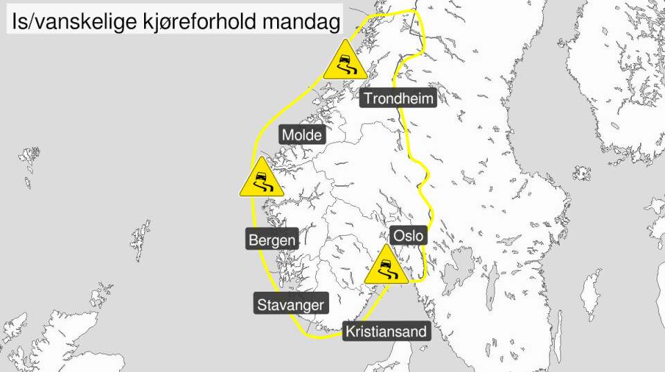 Det melders om is og vanskelige kjøreforhold mandag