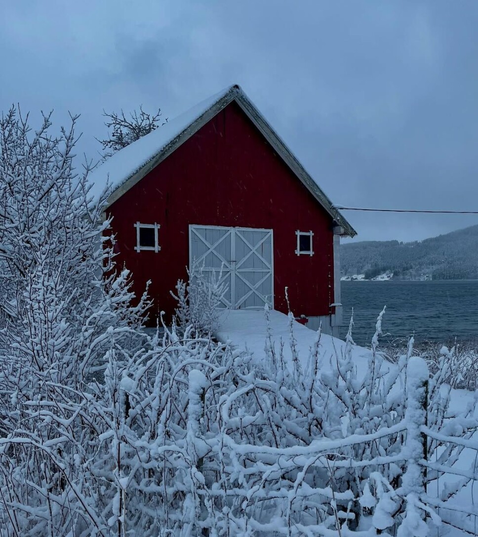 #nordvik Et lite fjøs ved fjorden. Snø.