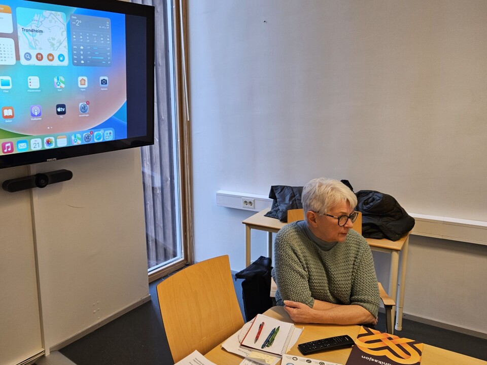 Gunn Bredesen i full gang med dataopplæringa. Dame holder datakurs på skjerm