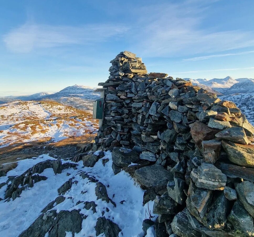 Syltnebba. En varde på en fjelltopp med litt snø.