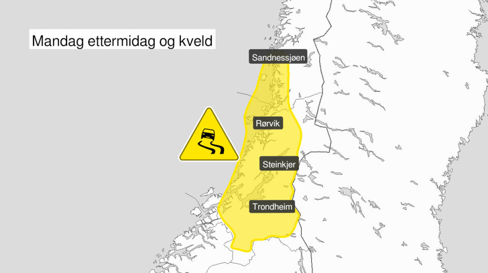 Gult farevarsel for is i Helgeland og deler av Trøndelag fra mandag ettermiddag og kveld.