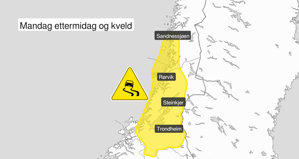Gult farevarsel for is i Helgeland og deler av Trøndelag fra mandag ettermiddag og kveld.