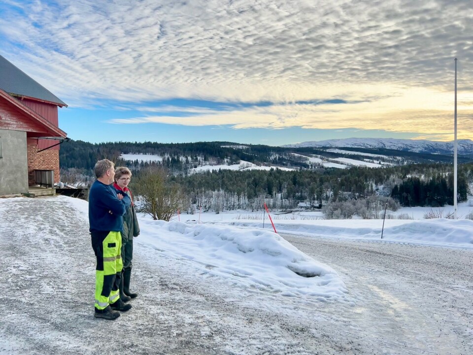 Ingenting å si på utsikten på tunet på Utigård Møkkelgård i Lomundal To menn på gårdstunet med flott utsikt mot blå himmel, skog og fjell.