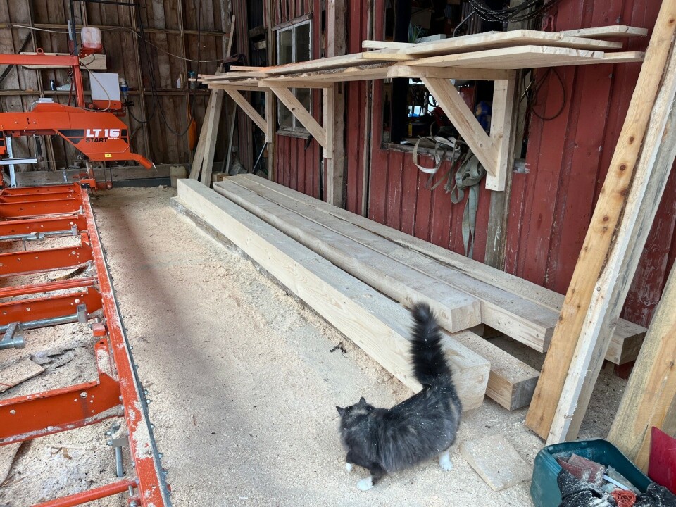 Nyskårne materialer i ulike dimensjoner. Noe skal brukes til stavlaft, og 1x8 tommer som skal bli liggende kledning. Nyskårne materialer ved et sagbruk.