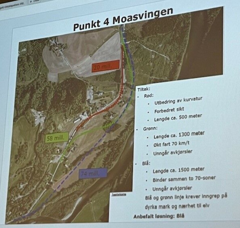 For Moasvingen ved Vormstad i Orkland er det blå alternativet anbefalt.