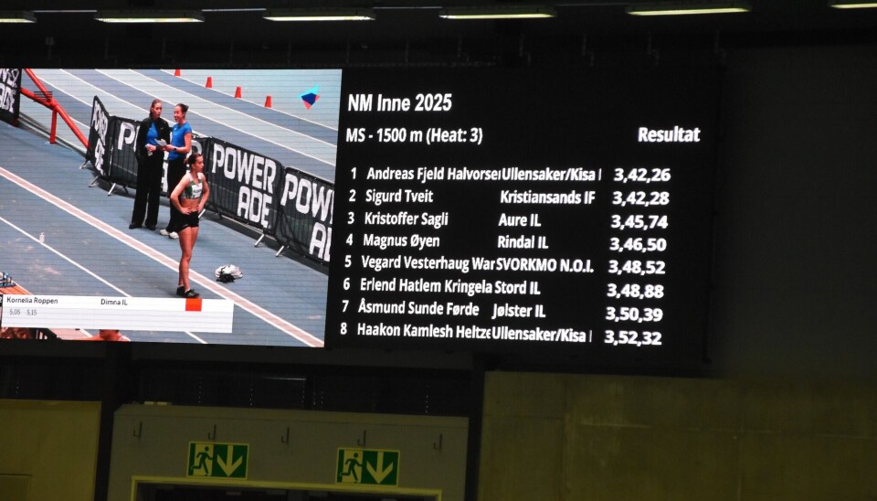 Resultater fra 1500m. resultatliste