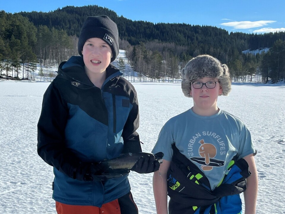 Noen prøvde seg på isfisking. Her har det blitt fisk. To gutter med en fisk på isen på et vann.