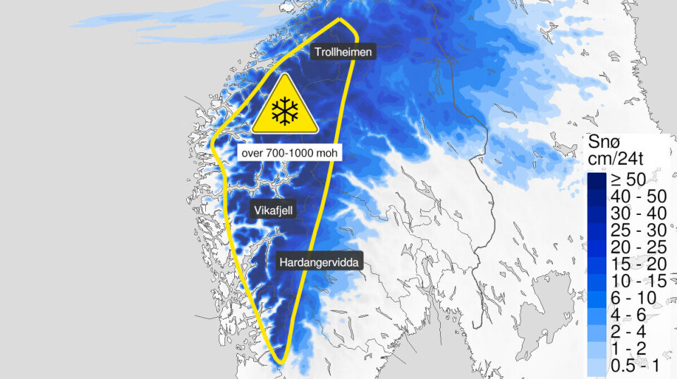 Mandag og tirsdag er det ventet store mengder snø i fjellområdene i Sør- Norge.