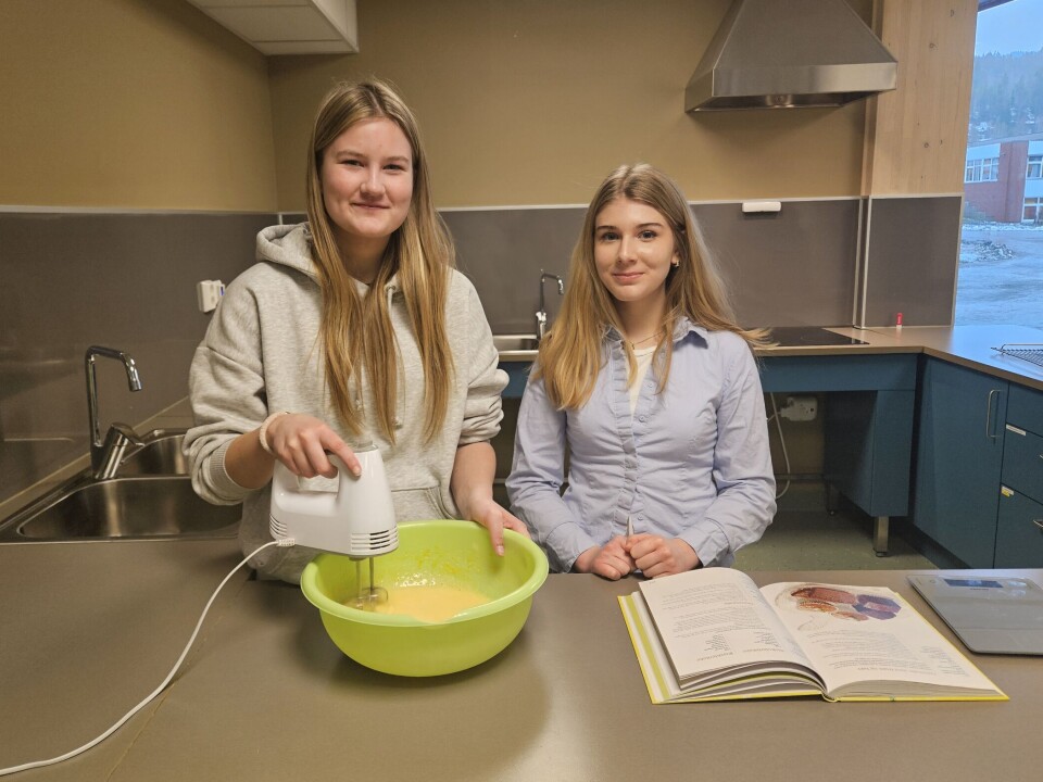Signe Roaldset Fiske og Aleksandra Krajewska baker 'skuffkake' To jenter ved kjøkkenbenk, en med mixmaster