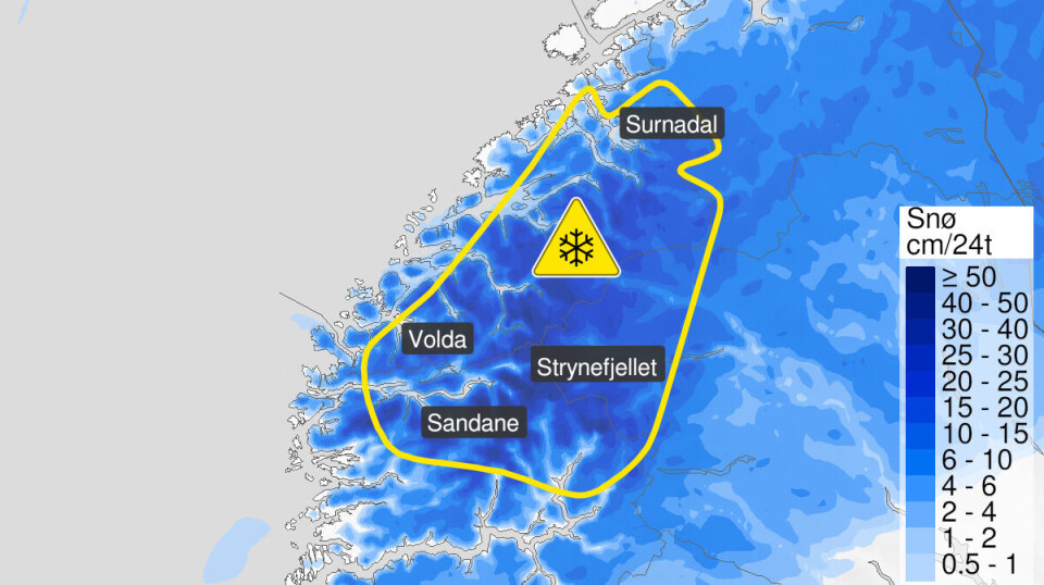 Fra søndag ettermiddag er ventet rundt 15-30 cm snø, kan hende mer i fjellområdene.