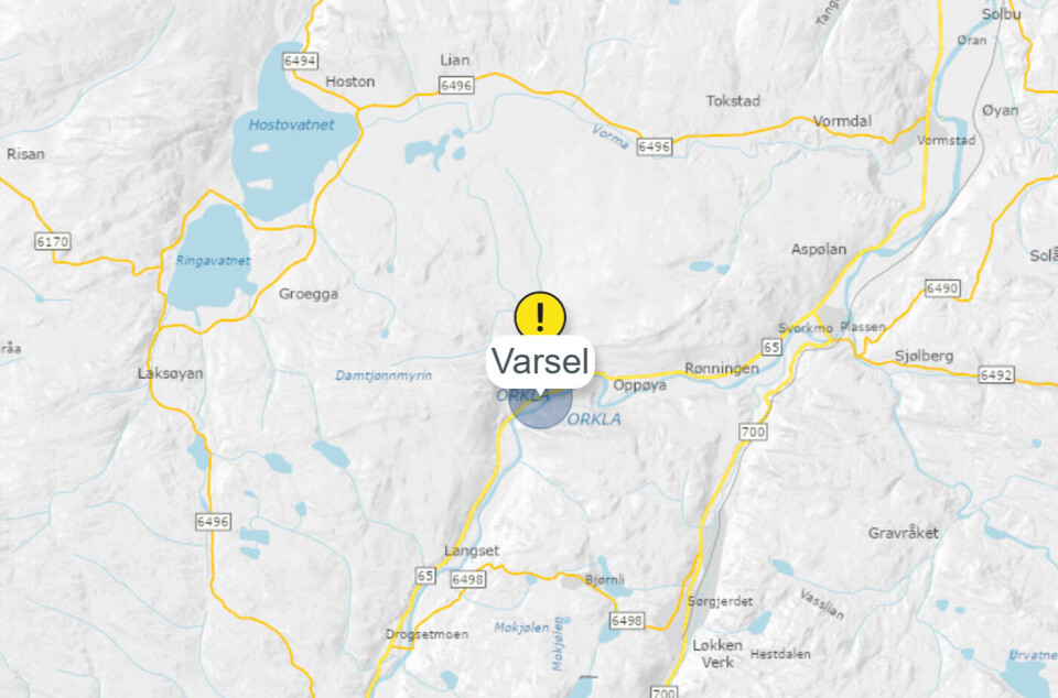 Ett kjørefelt er stengt på Fv 65 ved Vallstadmelan i Orkland.